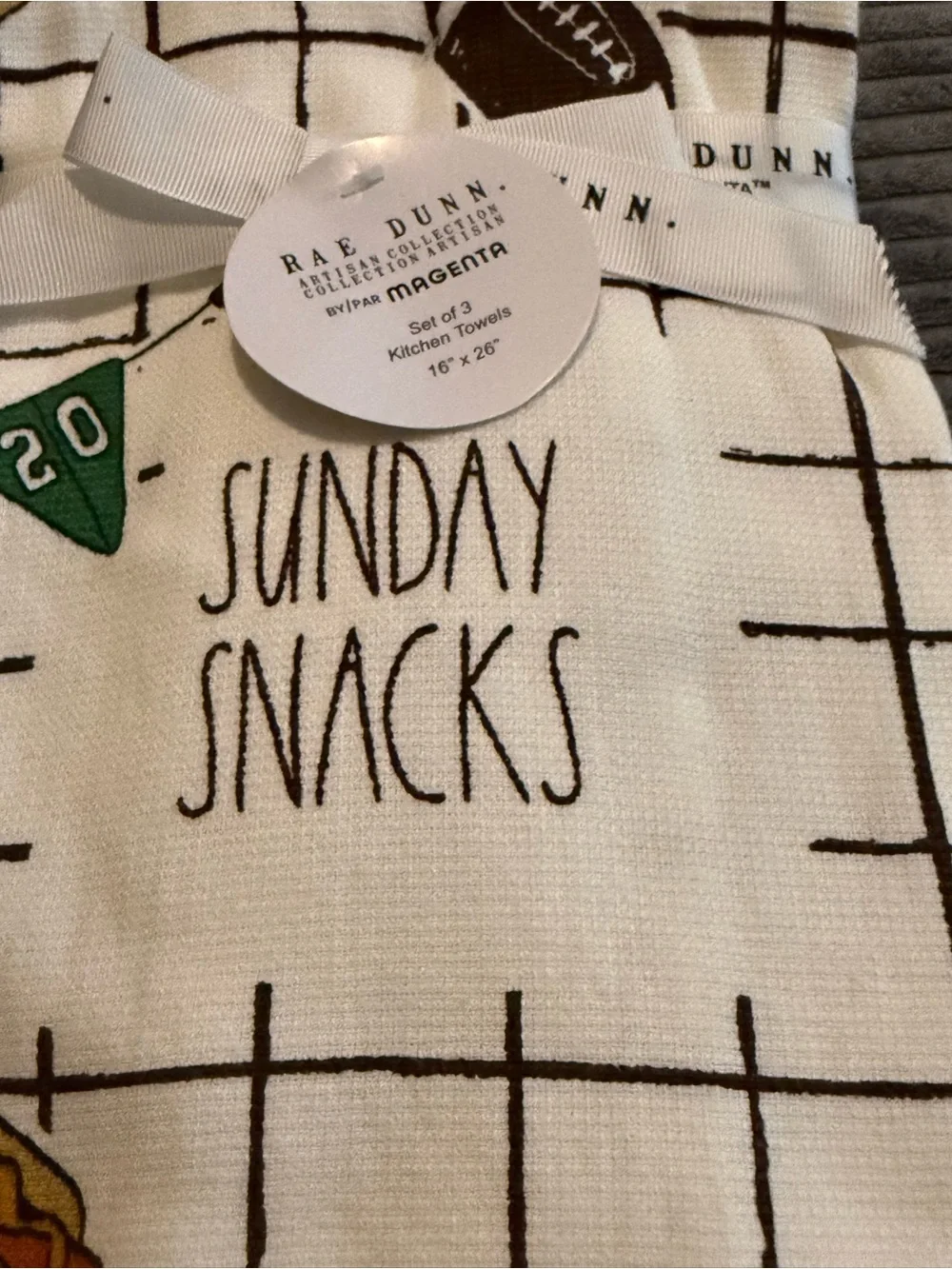 Rae Dunn White 'Sunday Snacks' Kitchen Towel Set of 3- Football 🏈 Themed- NWT